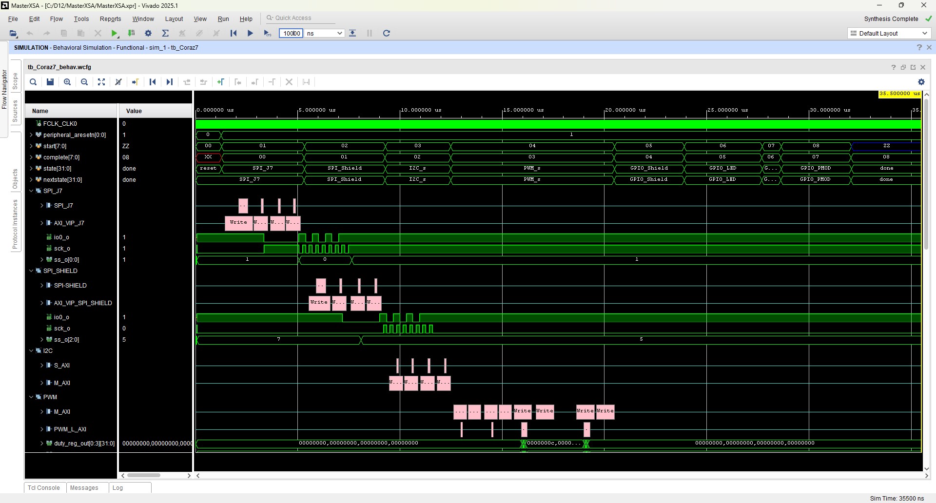 AXI VIP simulation waveform used to verify FPGA peripherals