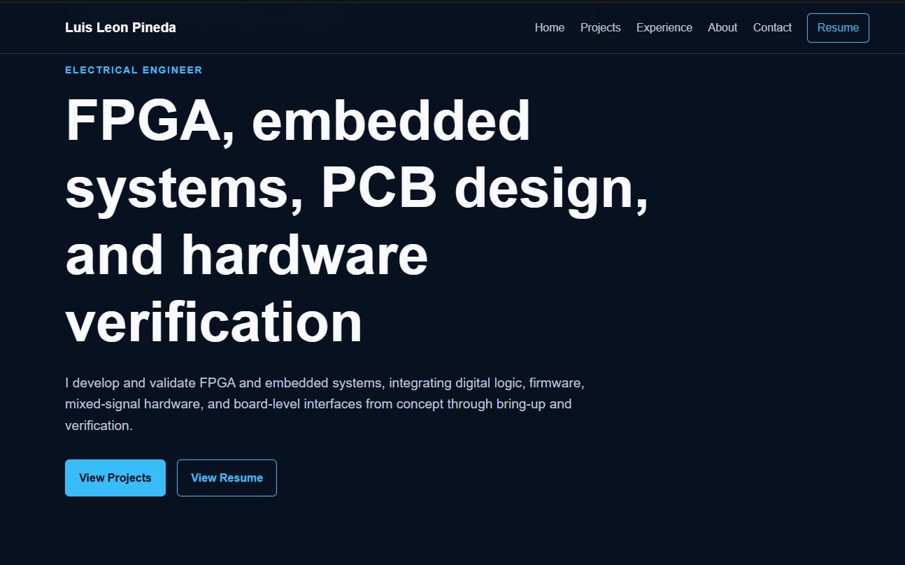 Luis Leon Pineda engineering portfolio displayed in a web browser